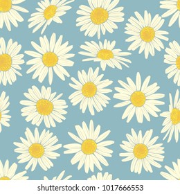 Floral seamless pattern with camomile. Cute white flowers. Summer concept. Design element for textile, fabrics, scrapbooking, wallpaper and etc. Vector illustration.