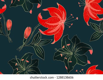 Floral seamless pattern can be used for wallpaper, textile printing, card. Hand drawn endless vector illustration of flowers on dark background. Fashionable print. Fabric Printing. tropical leaf 
