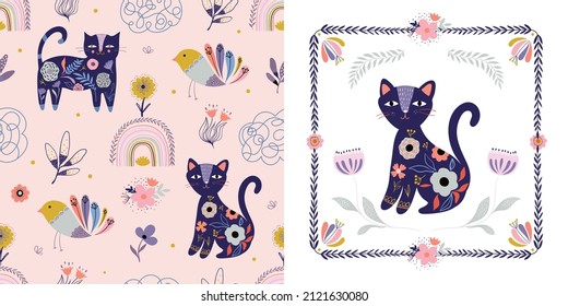 Floral seamless pattern and card design with cats, rainbows and birds, folk style, decorative wallpaper