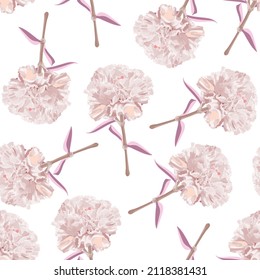 Floral seamless pattern with carnation, clove abstract pank flowers, leaves on white background, digital draw illustration for fabric, wallpaper, wrapping, vintage.