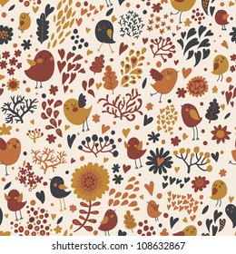 Floral seamless pattern with cartoon birds in retro colors