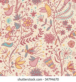 Floral seamless pattern with cartoon birds