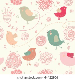 Floral seamless pattern with cartoon birds