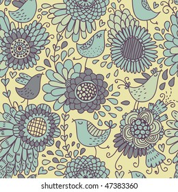 Patrón floral sin fisuras con aves de caricatura