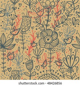 Floral seamless pattern with cartoon birds