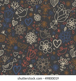 Floral seamless pattern with cartoon birds
