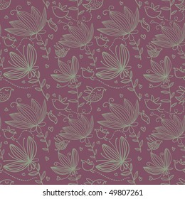 Floral seamless pattern with cartoon birds