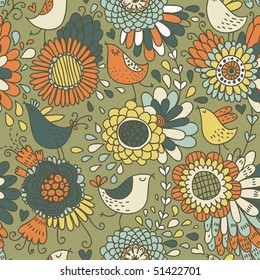 Patrón floral sin fisuras con aves de dibujos animados en colores de verano