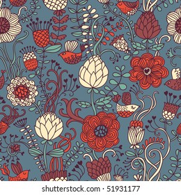 Floral seamless pattern with cartoon birds