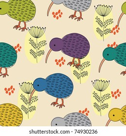 Floral seamless pattern with cartoon birds