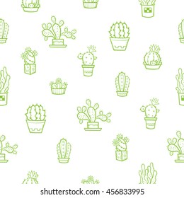 Floral seamless pattern with  cartoon cactus  on  white  background. Different types of  succulent. Vector contour  image. Doodle style. House plants in pots.