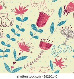 Floral seamless pattern with cartoon cats