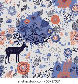 Floral seamless pattern with cartoon deers in vector