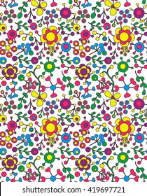 Floral seamless pattern with cartoon flower on  white background. Cute and funny. Retro vector illustration for greating card, invitation, paper, fabric, textile. 