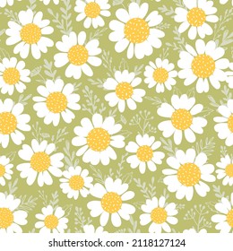 Floral seamless pattern with chamomile and leaves on green background. Spring summer floral print. Vector illustration.