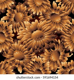 Floral seamless pattern. Chamomile ornaments. Modern flourish  bright background wallpaper with surface gold 3d flowers  Vector trendy texture for fabric, textile, cards, curtain, prints.