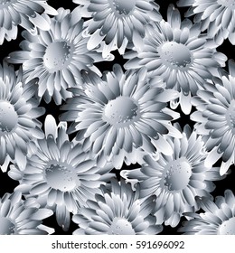 Floral seamless pattern. Chamomile ornaments. Modern flourish black background wallpaper with surface white 3d flowers  Vector luxury texture for fabric, textile, cards, curtain, prints.