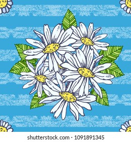 Floral seamless pattern with chamomiles, blue background, stripes, vector illustration, hand drawn elements