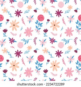 Floral seamless pattern with chaotically distributed flowers isolated on white background. Vector illustration. Perfect for nursery fabrics, wrapping paper and wallpapers.