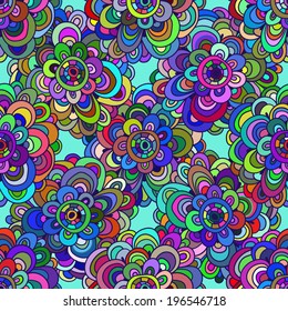 Floral seamless pattern cheerful crazy. Bright colorful multicolored flowers and circles on a blue background. Vector.