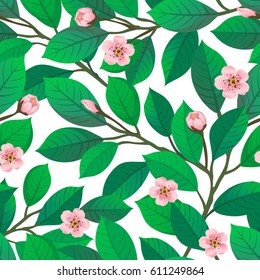 Floral seamless pattern. Cherry blossom. Vector illustration of leaves and flowers. Spring background.