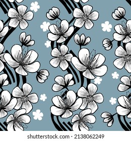 Floral seamless pattern with cherry or sakura blossoms white and black colors on wavy rough stripes background.Hand drawn vector illustration for printing on fabrics and paper,design cards,wallpaper.