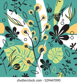 Floral seamless pattern, chestnut leaves and botanical decorative plants, herbs and grass. Wrapping paper and textile design with trendy geometric elements.