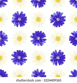 Floral seamless pattern with chicory and camomile isolated on white background. Cute flowers. Summer concept. Design element for textile, fabrics, scrapbooking, wallpaper and etc. Vector illustration.