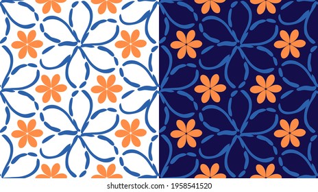 Floral seamless pattern, childish hand drawn doodle dash stroke line, organic flower shape,  blue orange color. Transparent background. Vector illustration