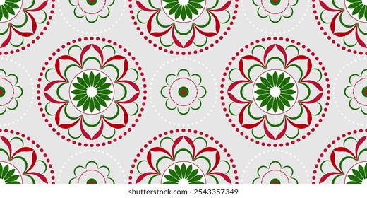 Floral seamless pattern in christmas colors. Red, green, white floral elements on grey background. Plant ornate mandala vector illustration. Geometry folk round elements for winter decor.