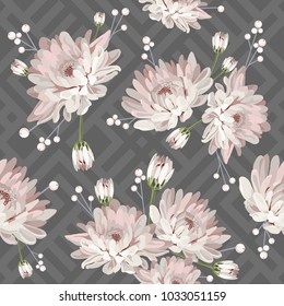 Floral seamless pattern. Chrysantemums on grey geometric background. Vector illustration