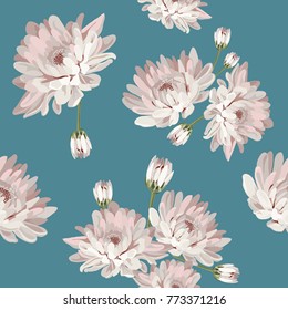 Floral seamless pattern. Chrysantemums on blue background. Vector illustration.