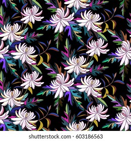 Floral seamless pattern. Chrysanthemum flowers with colorful leaves on black background.