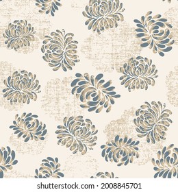 Floral seamless pattern with chrysanthemum on blue on half white texture background. Can be used for decoration of textiles, bags,