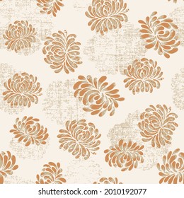 Floral seamless pattern with chrysanthemum on light orange on half white texture background. Can be used for decoration of textiles, bags,