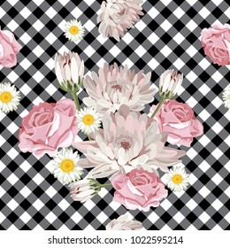 Floral seamless pattern. Chrysanthemums, chamomiles and roses on black and white gingham, checked background. Vector illustration.