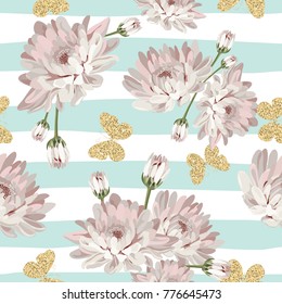 Patrón floral sin fisuras. Crisantemos con mariposas relucientes sobre fondo a rayas. Ilustración vectorial.