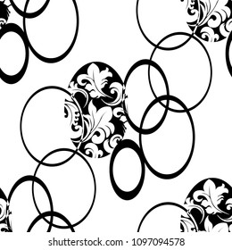 floral seamless pattern with circles, flowers and leaves