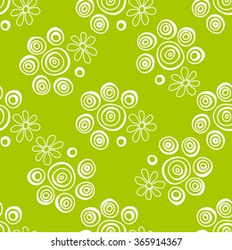 Floral seamless pattern. Circles and flowers on a green background, graphic, hand drawn, vector. For the design and decoration background, wallpaper, packaging, fabrics, textiles.