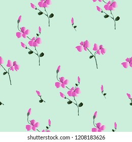 Floral seamless pattern. Classic blooming leaves spring decorative floral, seamless texture. Fashion template for design clothes, small wild pink flowers green background. Watercolor hand drawn vector