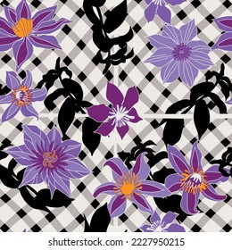 floral seamless pattern with clematis and checkered background. Vector design for paper, fabric and other surface