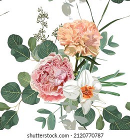 Floral Seamless Pattern with clove, roses, narcissus flowers and eucalyptus leaves. Blooming Flowers on white Background.	