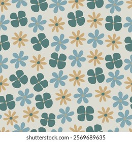 Floral seamless pattern. Clover leaves and Scandinavian flowers. Foliage surface design featuring allover print bohemian flowers artwork of wild blossom on white coffee background.