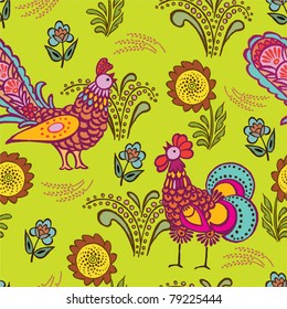 floral seamless pattern with cock and hen