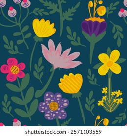 Floral seamless pattern with a collection of abstract multicolored flowers on a blue background in 60's style.