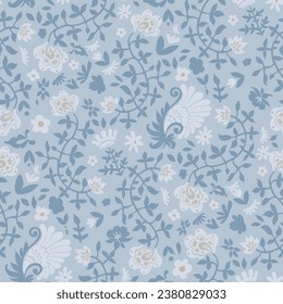 Fondo floral de colección de patrones sin foco, ramas de flores aisladas. Flora oriental de boho azul y marrón y botánica. Hojas naturales y follaje. Ilustración del vector