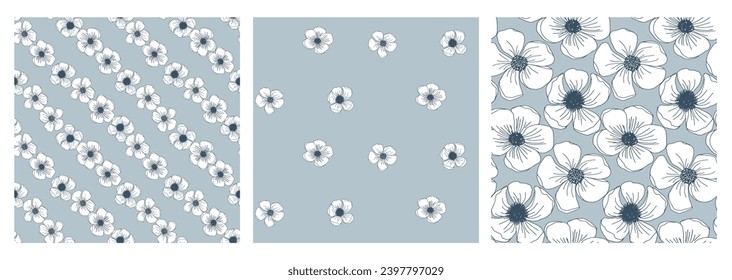 Floral seamless pattern collection with line art ink blossom flower head. Vector summer illustration for textile or wallpaper, scrapbook