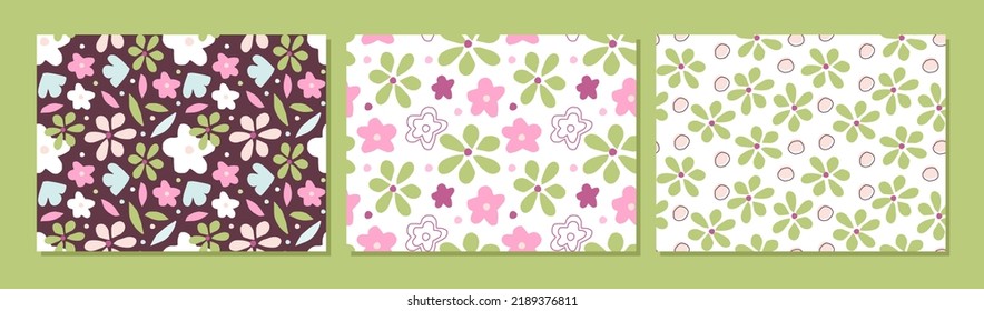 Colección de patrones sin fisuras florales. Dibujo de flores dibujadas a mano verde rosa. Tres conjuntos de patrones. Ilustración vectorial de color Flor repetida Para primavera, diseños de verano, papel tapiz, textil, envoltura