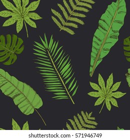 Floral seamless pattern. Collection with tropical leafs in sketch style on black background. Vector illustration.