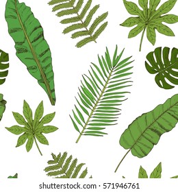 Floral seamless pattern. Collection with tropical leafs in sketch style. Vector illustration.
